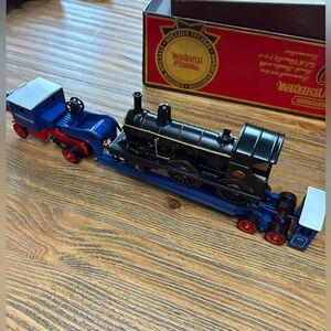 Vintage Matchbox Black and Blue Toy Locomotive Truck & Trailer Set